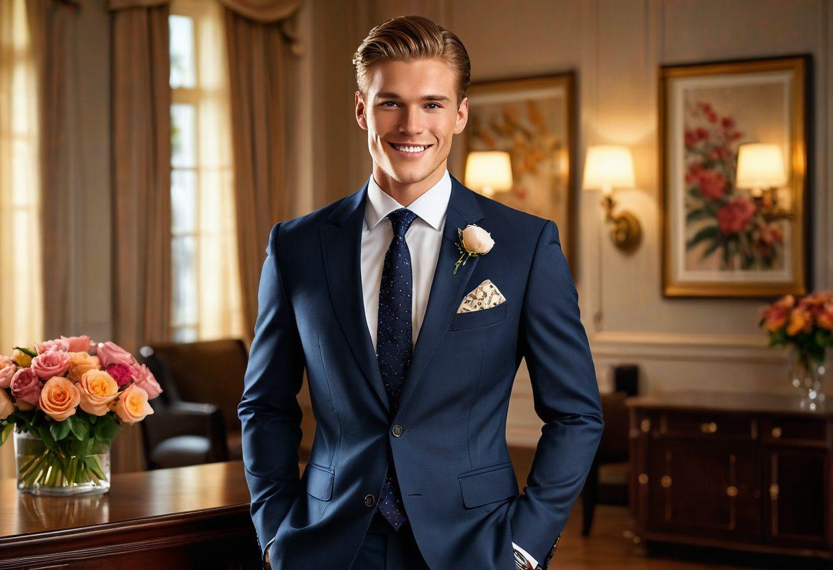 An elegantly dressed young man exuding charm with a confident smile, standing in a stylish urban setting. Include elements of fashion like a tailored suit and accessories, with a hint of romantic ambiance like soft lighting and subtle floral decorations. Emphasize youthfulness and style, portraying a sense of sophistication and approachability. vector art. vibrant colors.