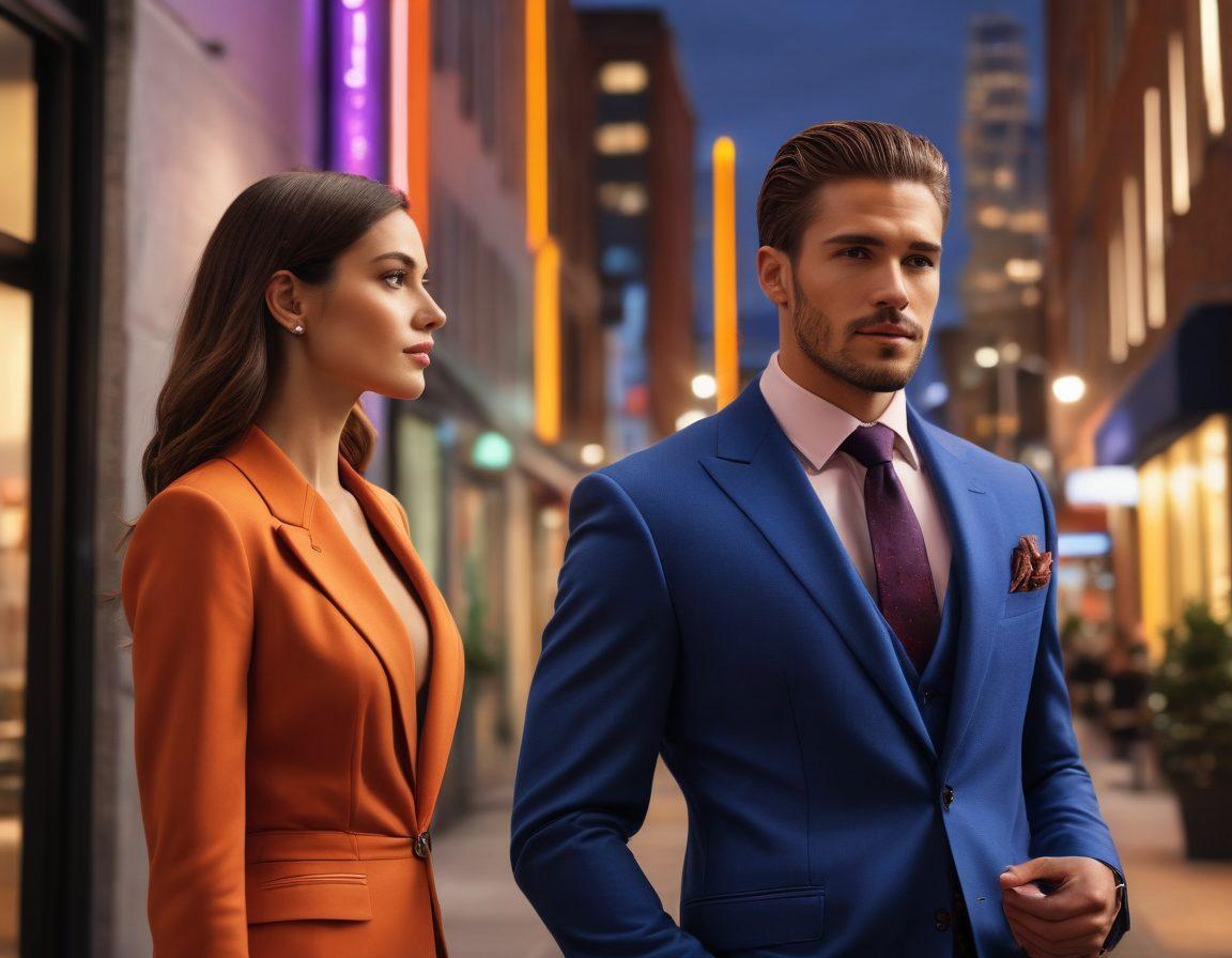 A stylish modern man exuding confidence, dressed in a sharp tailored suit, standing in a trendy urban setting. He is engaged in a conversation with a woman, showcasing body language that conveys charm and attractiveness. The background features vibrant city lights and sleek architecture, emphasizing a contemporary lifestyle. The color palette is warm yet sophisticated, capturing a romantic and stylish atmosphere. super-realistic. vibrant colors. urban theme.