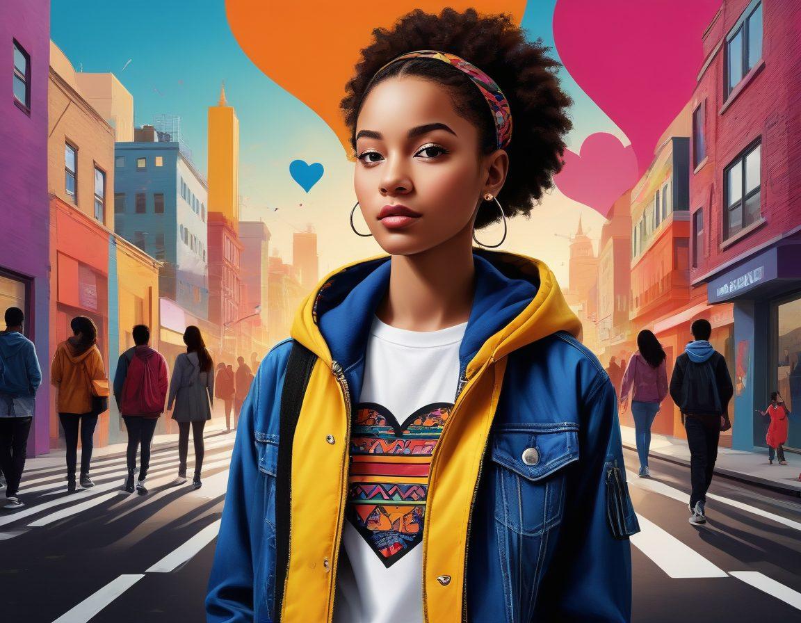 A stylish youth standing confidently in a modern urban setting, dressed in trendy attire that blends fashion fundamentals with edgy style. In the background, various silhouettes of diverse friends engaging in social activities, symbolizing relationship dynamics. Bright colors and playful patterns enhance the scene, creating a vibrant atmosphere. Elements like fashion accessories and relationship symbols (like hearts) subtly integrated into the scene. Vector art. vibrant colors. dynamic composition.